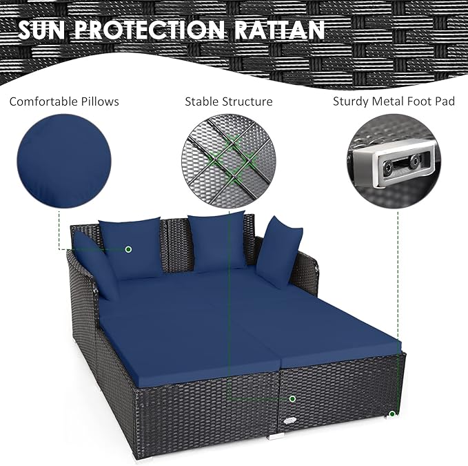 Tangkula Outdoor Rattan Daybed Sunbed Wicker Furniture w/Spacious Seat Upholstered Cushion &amp High-Resilience Sponge Wicker Patio Sofa Set w/Extra Pillows for Courtyard Poolside (Navy)