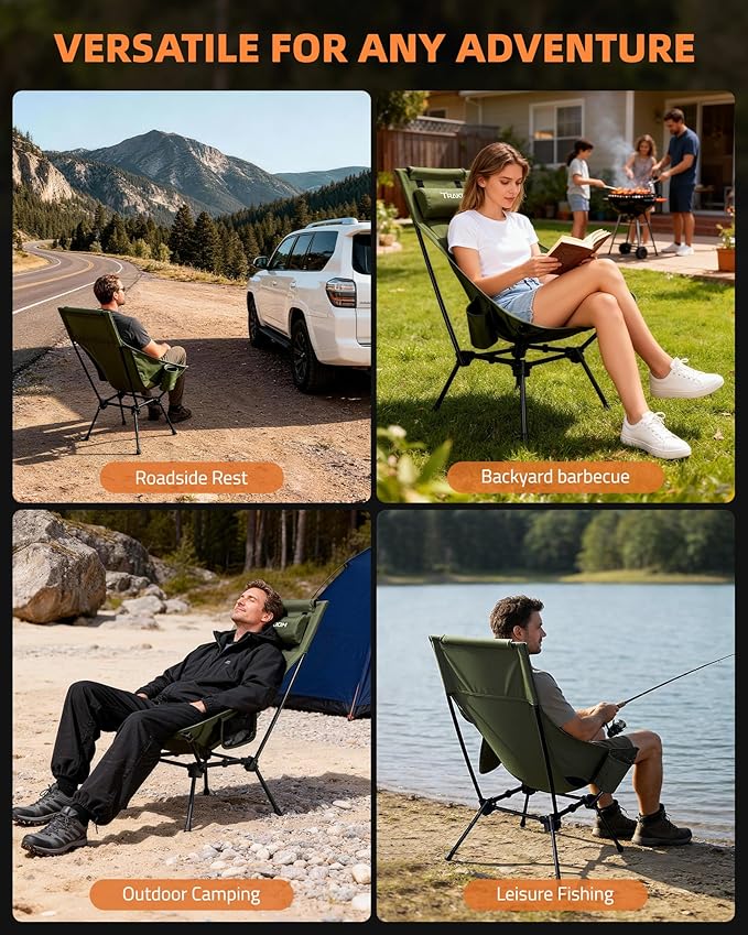 Trakiom High Back Portable Compact Camping Chair Lightweight Green Folding Chair with Head Support &amp Widened Seat Adjustable Head Support for Beach Camping Festival Hiking and Outdoor Travel