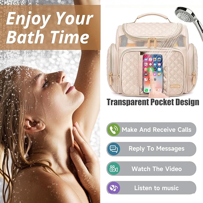 Large Leather Toiletry Bag for Women MenBathroom BagWater Resistant Shower BagMakeup BagPortable Shower Caddy for College DormHanging Travel Toiletry Bag with Transparent Waterproof Phone Pocket