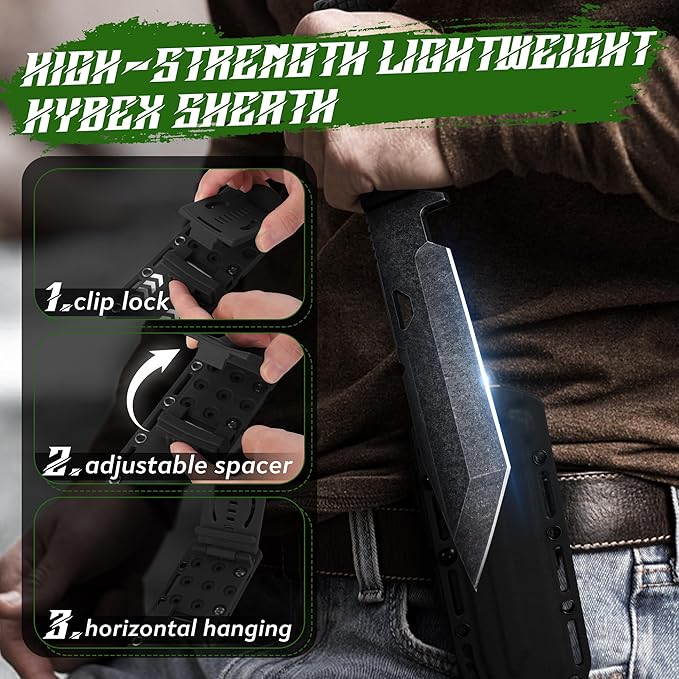Dragon Creek Tactical Knife Kydex - Outdoor Survival Knife with Sheath D2 Steel Blade G10 Full Tang Handle for Camping Hiking Christmas Thanksgiving Gift Men Black
