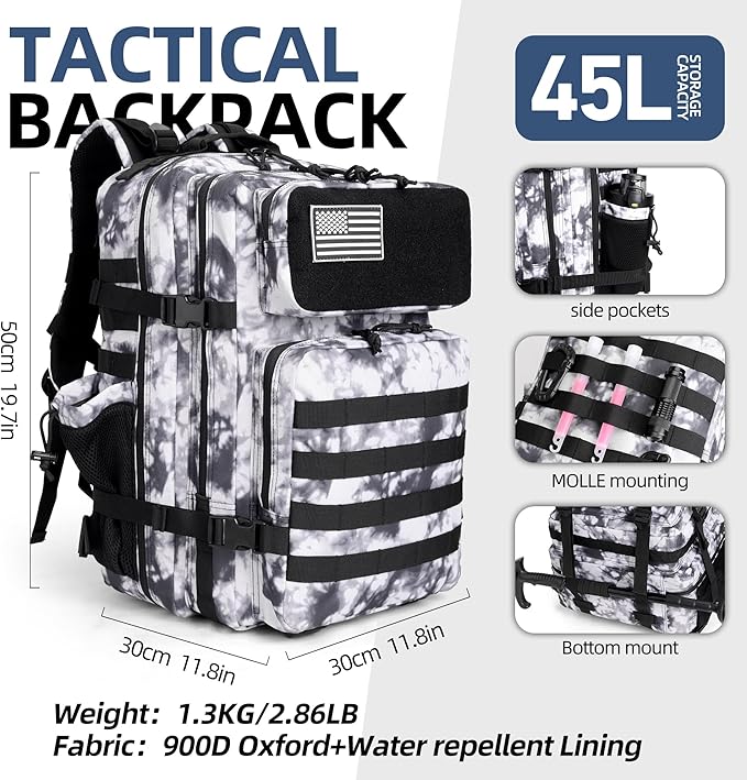 gracedon Tactical Backpack - Military Molle Bag 3 Days Pack for men and Women Large Assault Rucksack 45L (Black)