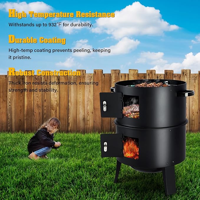 TCFUNDY 32 Vertical Charcoal Smoker Grill Heavy-Duty BBQ Grill with Built-in Thermometer 3 in 1 Grill and Smoker Portable Meat Cooker with Air Vent for Outdoor Barbecue Cooking