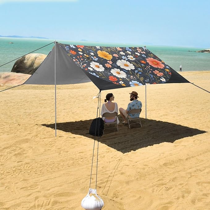 Spring Flowers Carnation Osteospermum Flower Foldable Beach Tent UPF50+ Protection Easy Setup Sun Shelter with Sandbags and Shovel for Family Trips Picnics &amp Camping