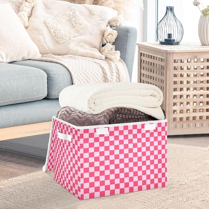 Light Pink Checkerboard Storage Baskets Lidded Bin Foldable Storage Boxes Cubes Lids with 2 Handles for Organizing Closet Home Office