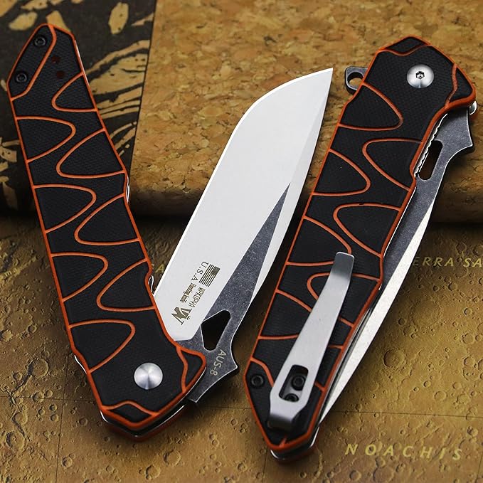 WPKOPYA 8.4in Folding Knife AUS-8 Steel Blade G10 Handle with Anti-Slip Texture Ball Bearing Pivot Stonewashed Finish EDC Pocket Knife for Camping Hiking Survival (AUS-8 (G10 black/orange))