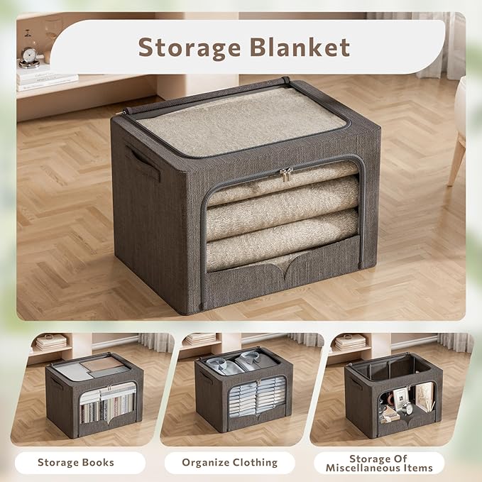 FHSQX 3 Pack Clothes Storage Bins - Foldable Metal Frame Storage Box - Stackable Linen Fabric Container Organizer Set with Carrying Handles and Clear Window (Dark Gray 19.7x15.7x13inch(66L))