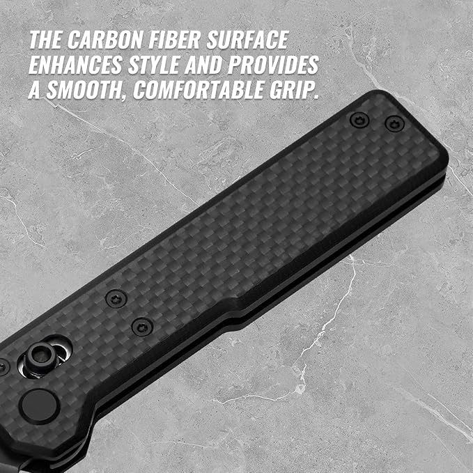 TACRAY Tarcus Folding Pocket Knife 3.5 D2 Steel DLC Blade Carbon Fiber Overlay Handle Lightweight EDC Knife with Crossbar Lock for Men and Women Ideal for Camping Hiking and Survival