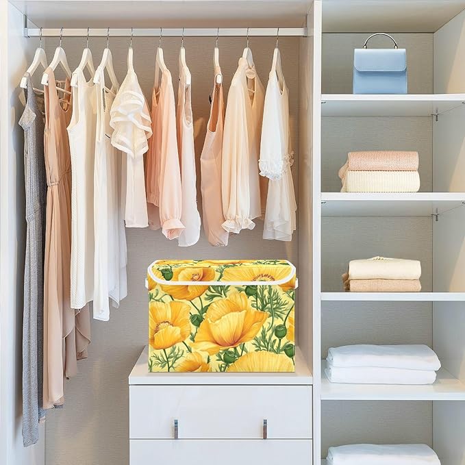 Collapsible Storage Bins with Lids Decorative Fabric Storage Cubes Closet Organizer and Storage Basket Boxes Containers for Clothes Box Chest Nursery Folding Rectangle Yellow Poppy Flowers