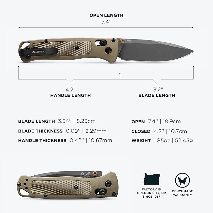 Benchmade - Bugout Outdoor EDC Folding Knife Slim Lightweight Plain Edge Drop-Point Blade CPM-S30V Stainless Steel (58-60HRC) Grivory Handle (535GRY-1)