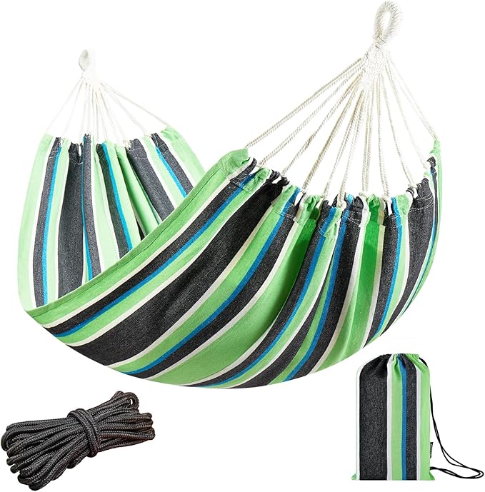 JoyView Brazilian Hammock for Single Preson - 78.8x39.4” Portable Cotton Hammock with Hanging Ropes &amp Carry Bag Large for Patio 300LBS Capacity Perfect for Outdoor/Indoor - Green/Black Stripe