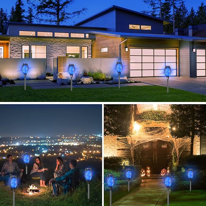 Outdoor Solar Lights Blue 12 Pack Solar Torch Lights with Flickering Flame Waterproof Mini Tiki Torches for Landscape Garden Pathway Dusk to Dawn Auto On/Off