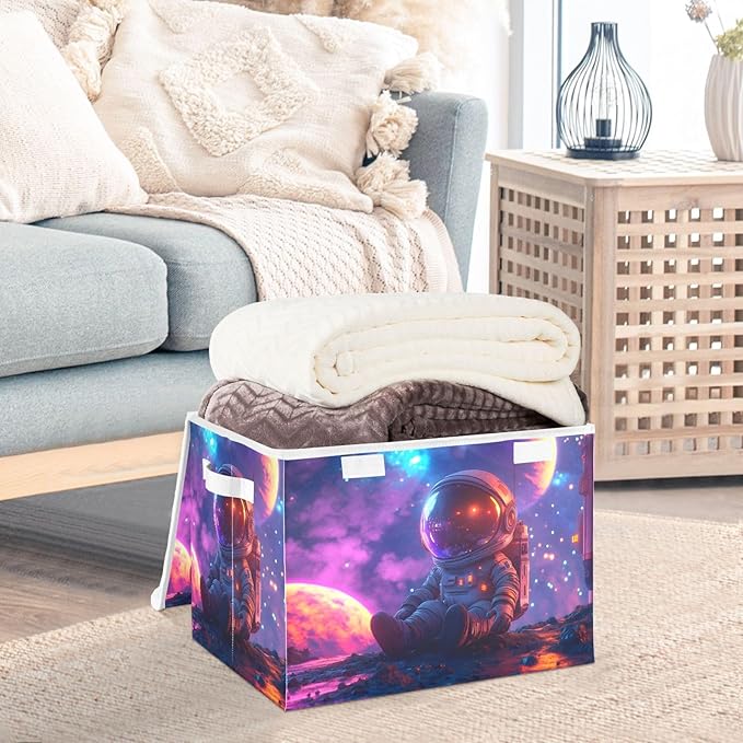 AIXIWAWA Lidded Storage Cube (Cute Astronaut) Fabric Foldable Closet Bins with Flip Lid and Handles Organizer Basket Container 16.5 x 12.6 x 11.8 IN