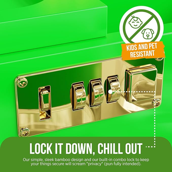 HASHSTASH The OG Storage Box - Large Bamboo Box with Combination Lock Magnetic Lid Organizer Tray Airtight Tube and 3 Jars - Discreet Decorative Locking Wooden Box with Accessories (Neon Green)