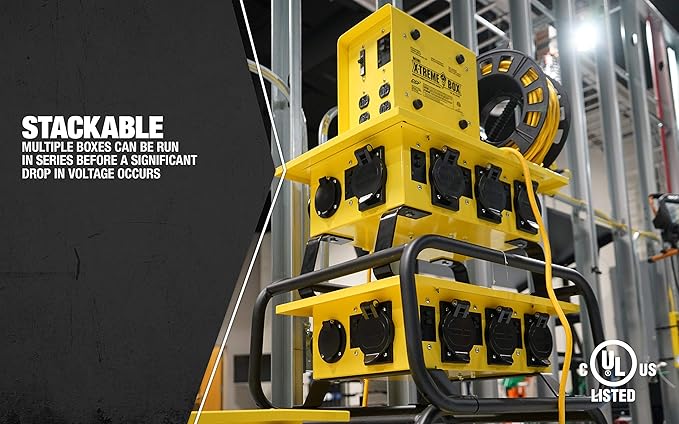 Southwire Temporary Power X-Treme Box - 50A 125/250V Portable Power Distribution with 6 5-20 U-Ground/Straight Blade Receptacles - Rugged Steel Construction