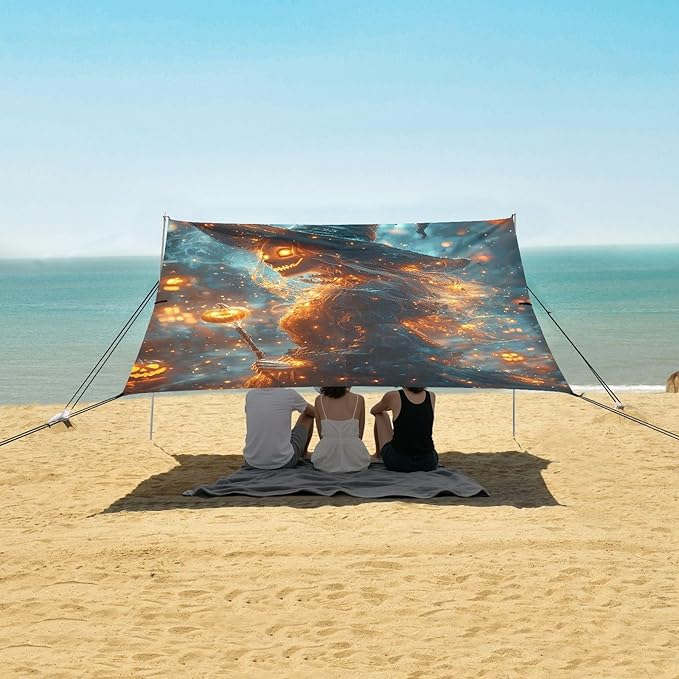 ALAZA Halloween Witch Pumpkin Beach Tent Sun Shelter UPF50+ Protection Beach Shade Canopy w/ 4 Sandbags for Outdoor Camping Fishing Backyard Fun Picnic 10x9 ft