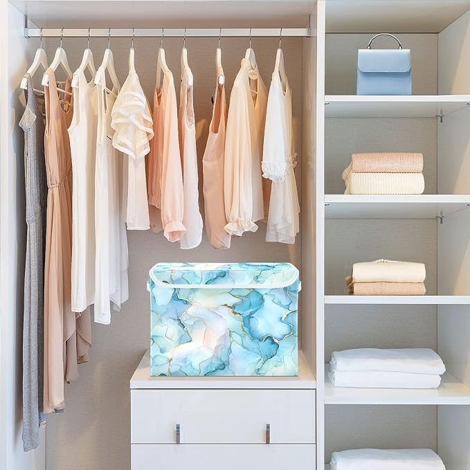 senya Large Storage Bins with Linen Ink Border Collapsible Foldable Storage Cubes Fabric Closet Organizer Containers Box with Flip-Top Lid for Home Bedroom Office 16.7 x 12.6 x 11.8in