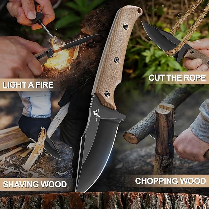 Purple Dragon Fixed Blade Knife - Full Tang Hunting Knife Forged from a Single Piece of D2 Steel - Camping Knives with G10 Handle and Kydex Sheath - Outdoor Gift for Men - Brown