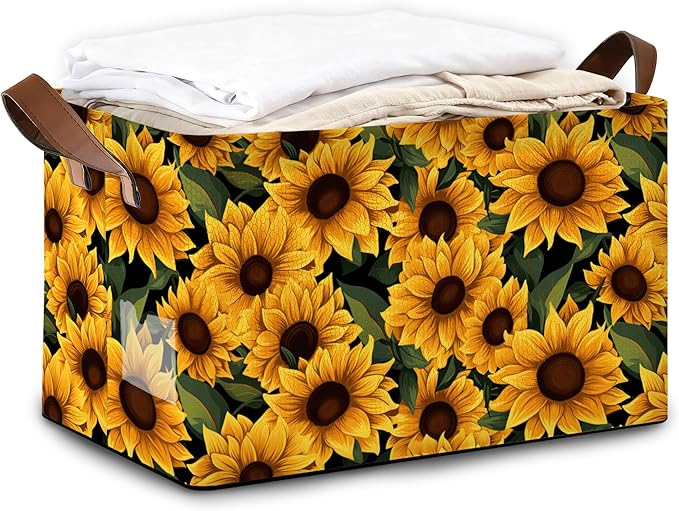 32L Large Storage Bins with Handles Basket Organizer for Shelves Closet Books Laundry &amp Home Decor (Field Sunflower)