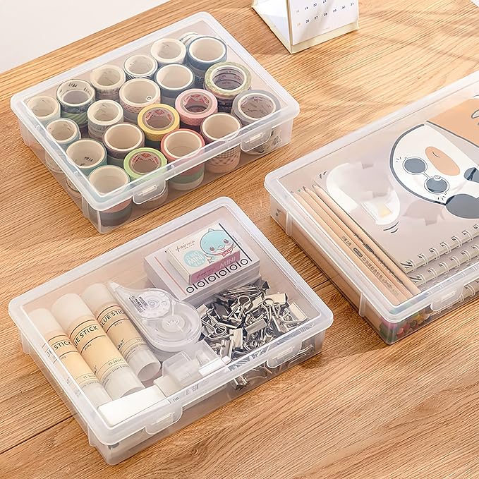 Kingrol 12 Pack Clear Plastic Storage Containers with Lids 8 x 5 x 1.75 Inch Empty Hinged Boxes Stackable Organizer Boxes for Home Office Craft Supplies