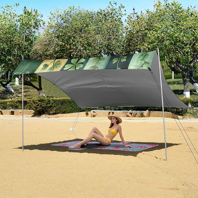 St Patrick's Clovers Plaid Beach Tent Sun Shelter Set UPF50+ UV Protection 10.5 x 9.19 FT Camping Shade Canopy with Sandbags Sand Anchors Carrying Bag and Others