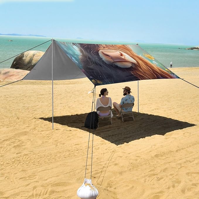 ALAZA Highland Cow Flowers Beach Tent Sun Shelter Portable Canopy Sunshade for Outdoor Camping Picnics Backyard Fun 10x9 ft