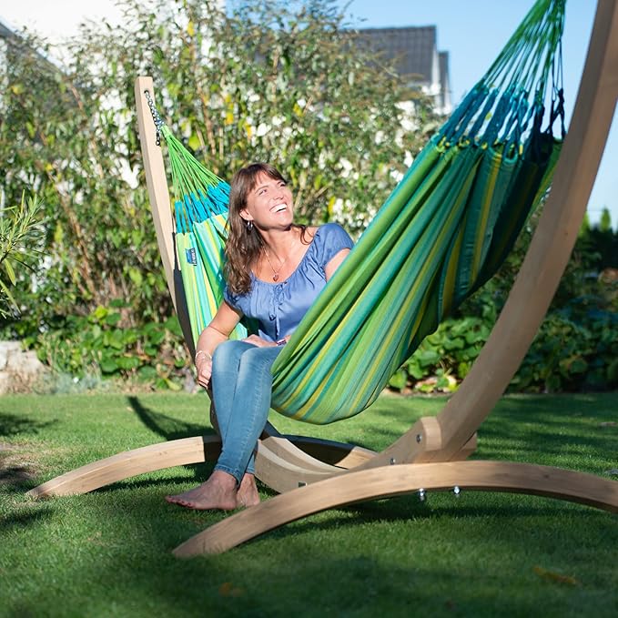 LA SIESTA® - Large Double Brisa Classic Hammock &amp Elipso Stand - Larch Wood Hammock Stand - Weather &amp Tear Resistant - Backyard Outdoor Hammock with Stand - 2-Person Max 355 Lbs Lime