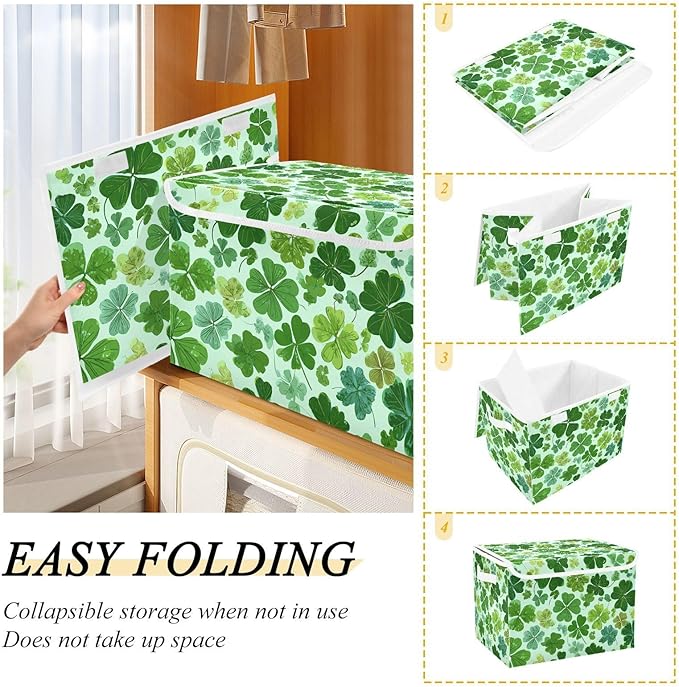 Mint Green Clover Leaf Speckle Storage Box with Lid 1 PC Foldable Storage Bin with Lids Stackable Storage Bins Cube Closet Organizer Basket with Flip-Top Lid &amp Handles for Shoes Books Towels
