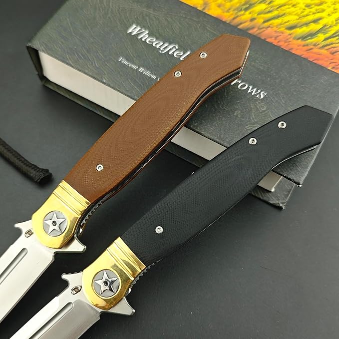 10 Large Finka-NKVD Flipper Opening Pocket KnifeFolding Knives with Clip and Liner Lock440C Blade and Brown G10 HandleEDC Tool for CampingHikingFishing (Brown)