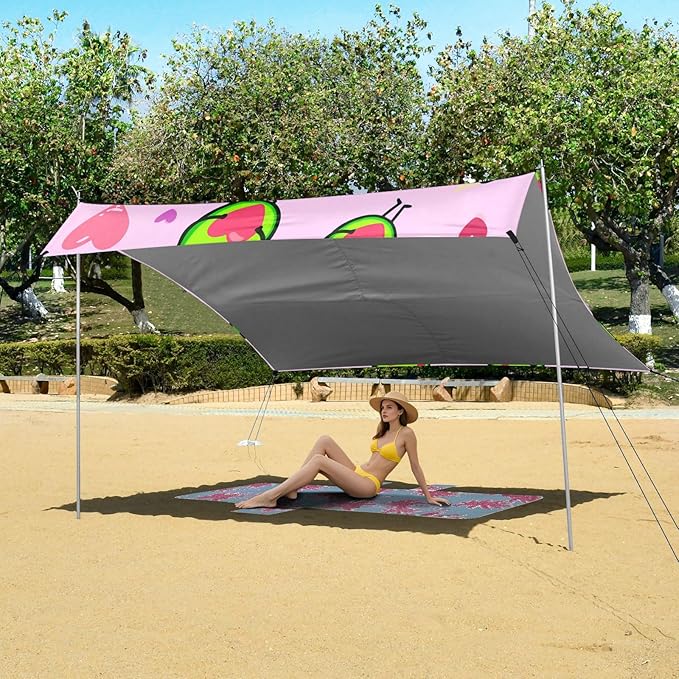 xigua Avocados Beach Tent Sun Shelter with Carrying Bag - Silver Coated Oxford Fabric Beach Canopy for Beach Camping Fishing - Includes Windproof Ropes Sandbags &amp Stakes