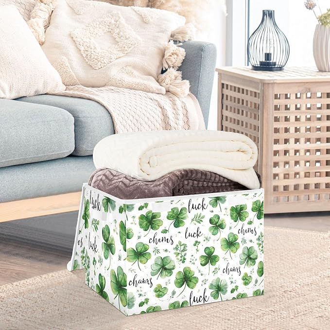White Green Clover St. Patrick's Day Storage Box with Lid 1 PC Foldable Storage Bin with Lids Stackable Storage Bins Cube Closet Organizer Basket with Flip-Top Lid &amp Handles for Shoes Books Towels