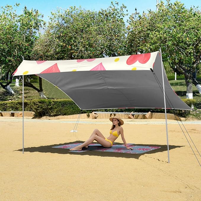 Beach Canopy with Windproof Ropes &amp Sandbags Beach Tent Sun Shade Sun Shelter for Camping Trips Fishing Backyard Fun or Picnics Heart