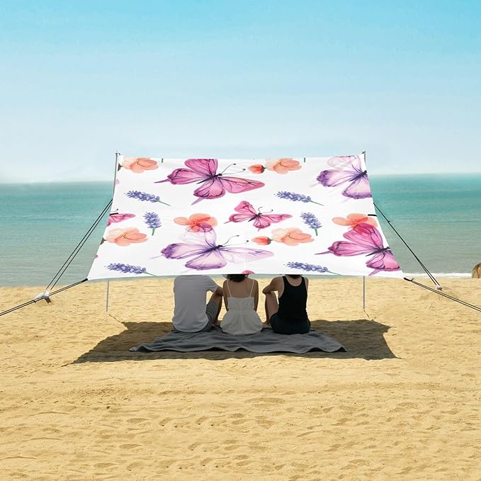 Beach Canopy with Windproof Ropes &amp Sandbags Beach Tent Sun Shade Sun Shelter for Camping Trips Fishing Backyard Fun or Picnics Butterfly