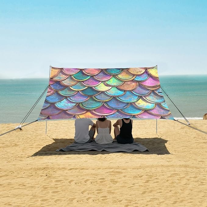 ALAZA Gradient Mermaid Scales Beach Tent Sun Shelter UPF50+ Protection Beach Shade Canopy w/ 4 Sandbags for Outdoor Camping Fishing Backyard Fun Picnic 10x9 ft