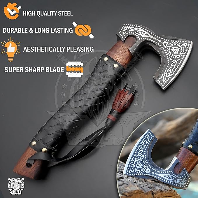 SHINY CRAFTS® Handcrafted Decorative Viking Axe with Leather-Wrapped Handle &amp Sheath – Engraved Blade – Ceremonial Collectible Gift for Men History Buffs Cosplay &amp Display (Set of 8 Viking A