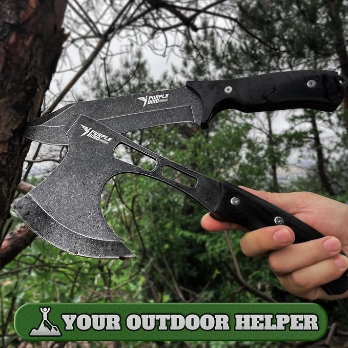 PURPLEBIRD Outdoor Axes &amp Fixed Blade Knife Set - Full Tang Camping Hatchet and Hunting Knife with Sheath Lightweight Small Hand Axe &amp Survival Knives Set with Wood Handle for Men