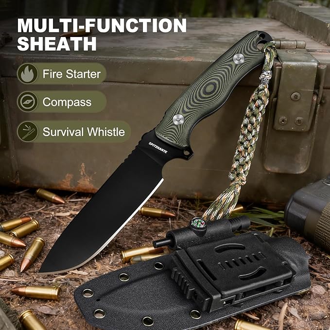 Full Tang Survival Knife YS-X1 - Razor Sharp Fixed Blade with Sheath 8Cr14MoV Steel for Camping &amp Bushcraft Includes Fire Starter &amp Tools