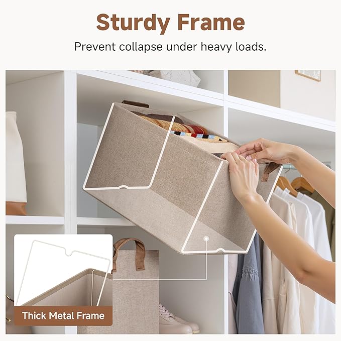 StorageWorks Storage Bins Fabric Storage Bins for Shelves Large Storage Baskets with Metal Frame Closet Baskets and Bins with Handles Brown and Beige 2-Pack