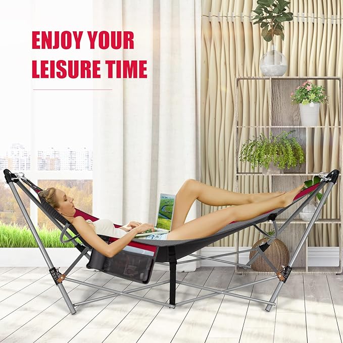 Portable Folding Hammock w/Side Pocket Lounge Camping Bed w/Metal Stand &amp Anti-tip Buckles Outdoor Camping Hammock with Carrying Bag for Patio Garden Yard Easy Assembly (Red)