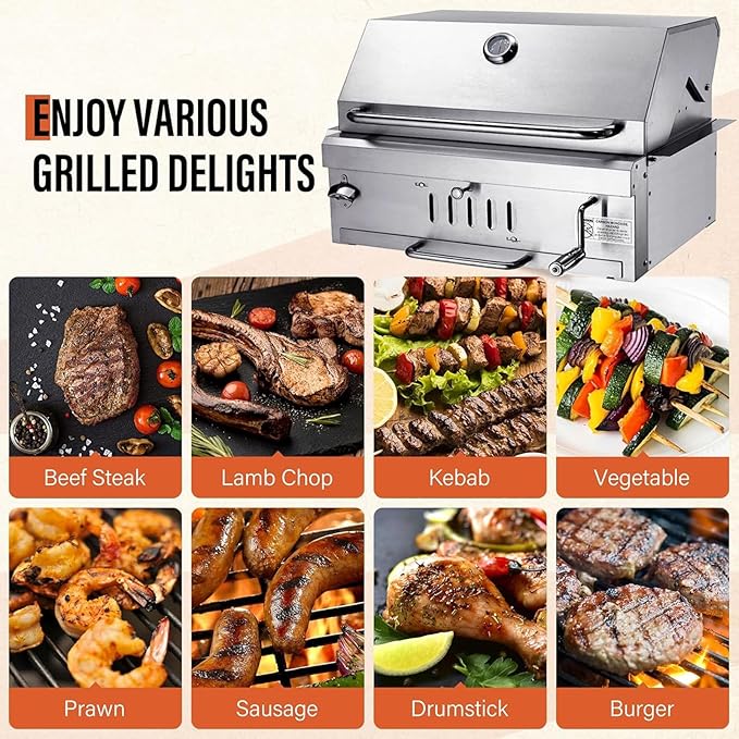 28In Built in BBQ Grills Large Outside Charcoal Grill with BBQ Fork Kit Liftable Tray &amp Thermometer Silver Stainless Steel Barbecue Grill for Outdoor Kitchen Cooking Patio Camping Park