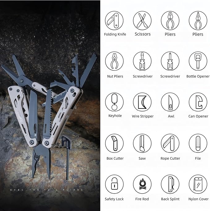 Multitools 20-in-1 Full-Size Lightweight EDC Multi-Purpose PliersWith Safety Locking Knife Tactical Gear Tools Men Gift Ideas Equipment for Emergencies Hiking and Outdoor Camping (Black)