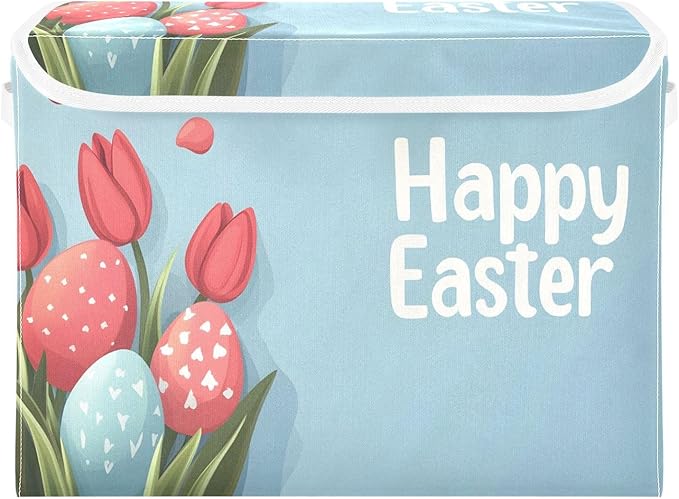 Happy Easter Pattern Foldable Storage Baskets Fabric Boxes with Handle Organizers with Flip-Top Lids Storage Bins for Home Bedroom Office