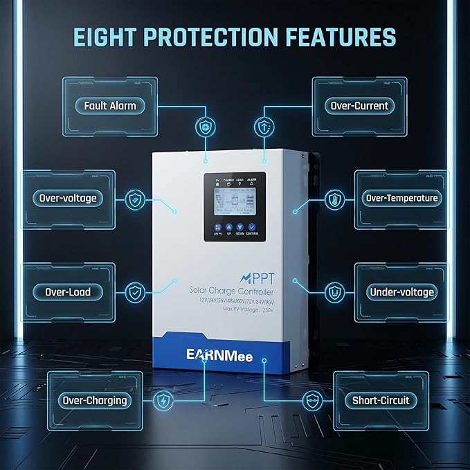 120A MPPT Solar Charge Controller 12-96V Auto-Detect Max 230V VOC 11520W PV Input LiFePO4/Li-ion/Lead-Acid Full-Power MPPT for RV Off-Grid Marine Home Backup