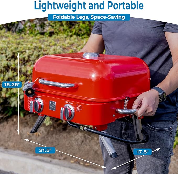 Kenmore Portable Propane Gas Grill - Tabletop BBQ Grill with Warming Rack 2 Stainless Steel Burners with 14000 BTUs for Outdoor Kitchen Camping Red