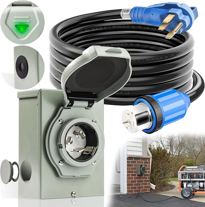 50 Amp Generator Cord and Power Inlet Box [Pre-Drilled] 25FT Generator Cords 50 Amp125V/250V Generator Power Cord NEMA14-50P/SS2-50R Twist Lock Connector