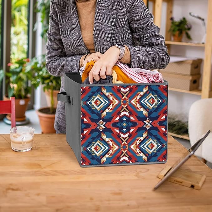 Collapsible Cube Storage Organizer with Handles Aztec Red Blue Foldable Fabric Bin for Shelves Perfect for Closet Bathroom Kids' Room &amp Nursery