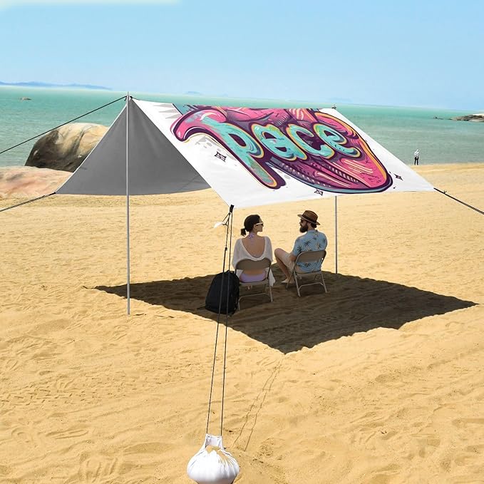 ALAZA Peace and Love Gesture Beach Tent Sun Shelter UPF50+ Protection Beach Shade Canopy w/ 4 Sandbags for Outdoor Camping Fishing Backyard Fun Picnic 10x9 ft