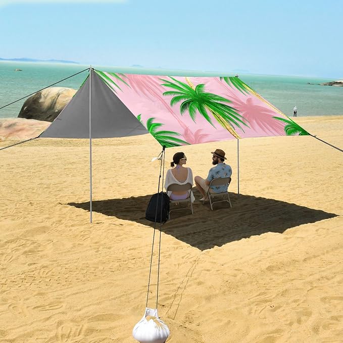 xigua Palm Tree Beach Tent Sun Shelter with Carrying Bag - Silver Coated Oxford Fabric Beach Canopy for Beach Camping Fishing - Includes Windproof Ropes Sandbags &amp Stakes