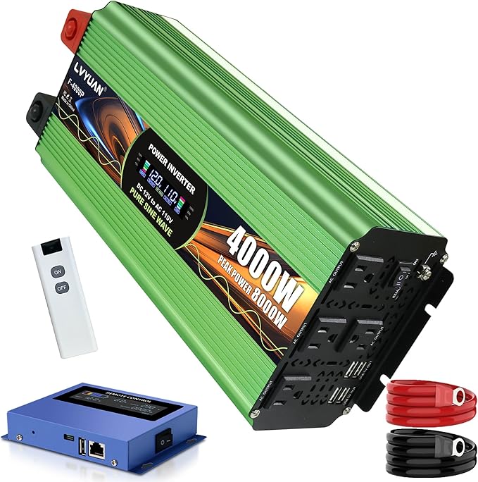 4000 Watt Pure Sine Wave Inverter DC 12V to 120V AC Power Inverter for Vehicle RV Truck Off-Grid Car Power Inverter with 4 AC Outlet 20W USB-C 5V/3.1A USB Remote &amp Panel Control Surge 800