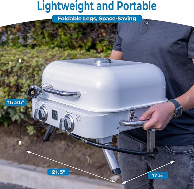 Kenmore Portable Propane Gas Grill - Tabletop BBQ Grill with Warming Rack 2 Stainless Steel Burners with 14000 BTUs for Outdoor Kitchen Camping Pearl