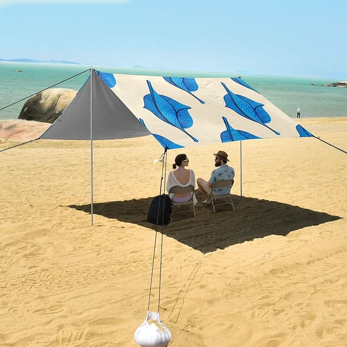 xigua Leaves Beach Tent Sun Shelter with Carrying Bag - Silver Coated Oxford Fabric Beach Canopy for Beach Camping Fishing - Includes Windproof Ropes Sandbags &amp Stakes